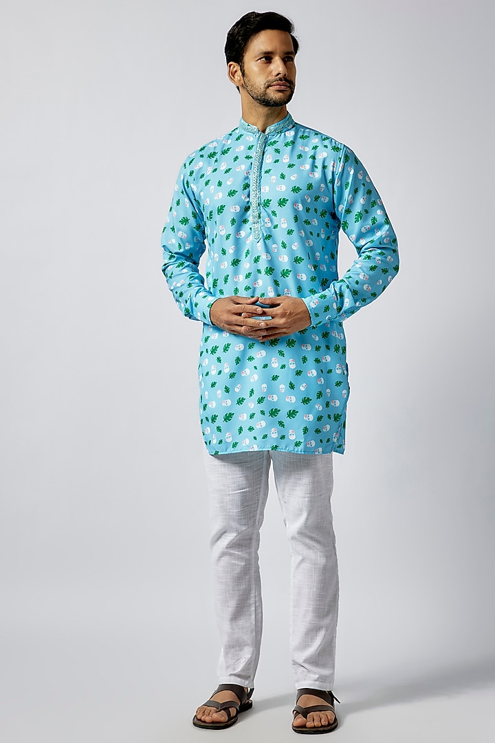 Blue Viscose Retro Printed & Embroidered Kurta Set For Boys by Spring Break- Kids