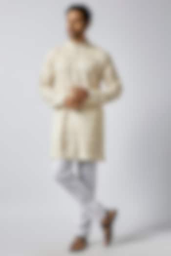 Cream Dupion Silk Lucknowi Embroidered Kurta Set For Boys by Spring Break- Kids