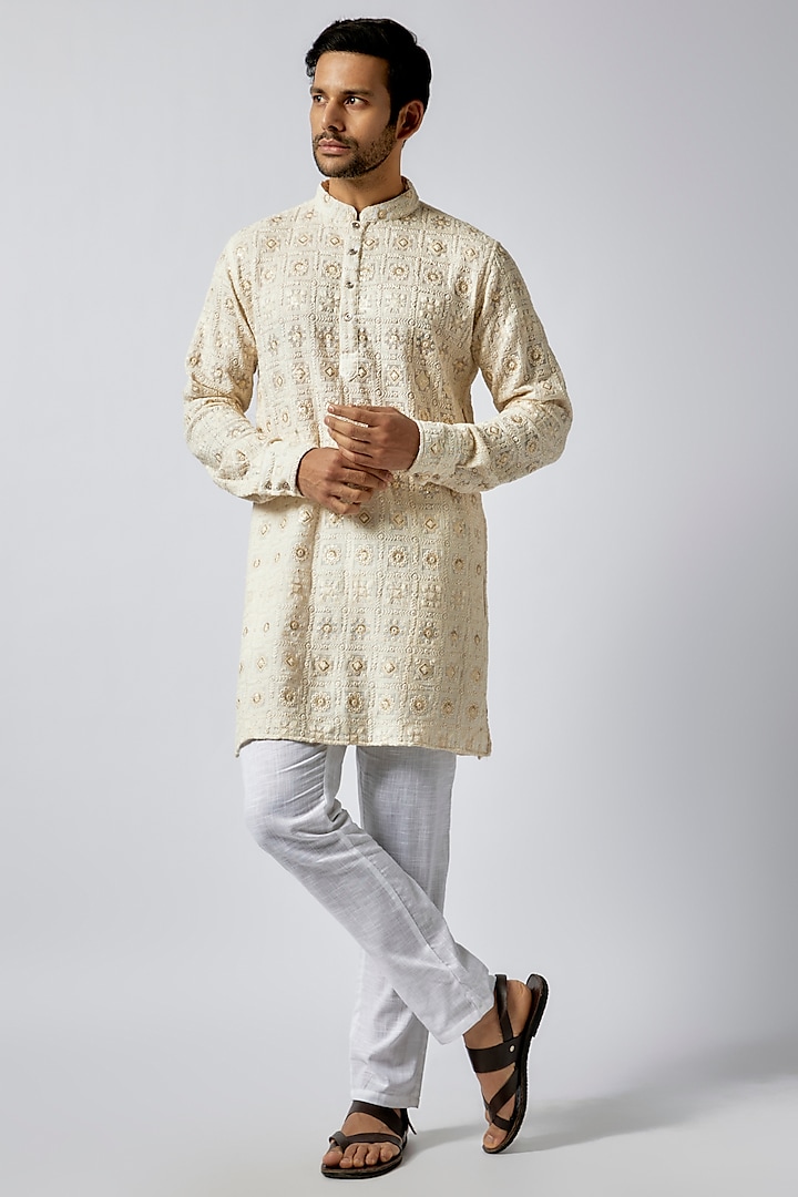 Cream Dupion Silk Lucknowi Embroidered Kurta Set For Boys by Spring Break- Kids