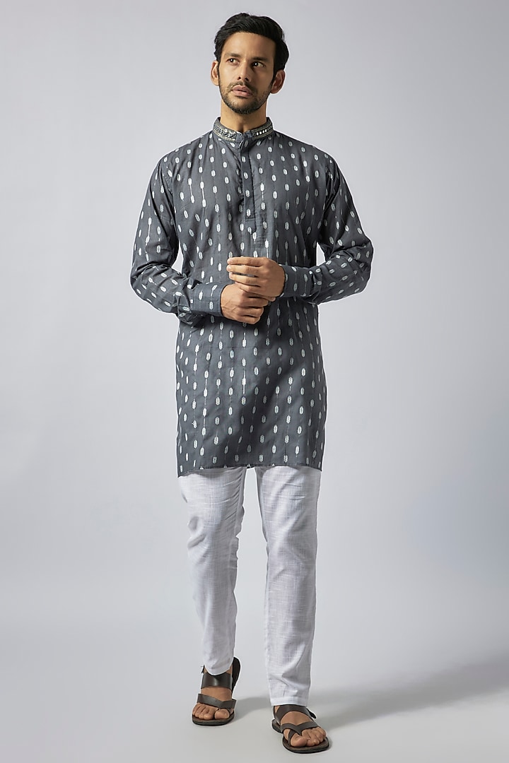 Dark Grey Cotton Printed & Mirror Embroidered Kurta Set For Boys by Spring Break- Kids