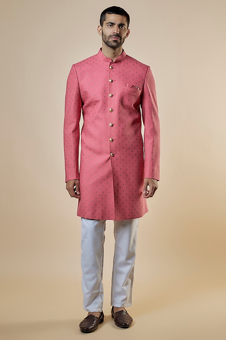 Pink Rayon Gold Foil Printed Sherwani Set For Boys by Spring Break- Kids