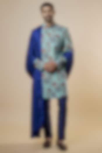 Ice Blue Rayon Floral Printed Sherwani Set For Boys by Spring Break- Kids at Pernia's Pop Up Shop