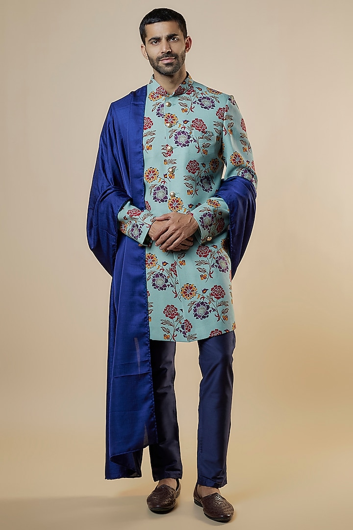 Ice Blue Rayon Floral Printed Sherwani Set For Boys by Spring Break- Kids