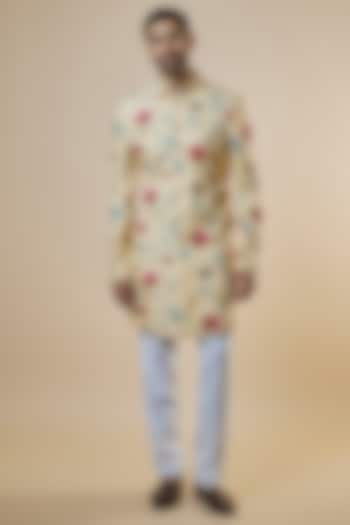 Yellow Rayon Floral Printed Sherwani Set For Boys by Spring Break- Kids at Pernia's Pop Up Shop