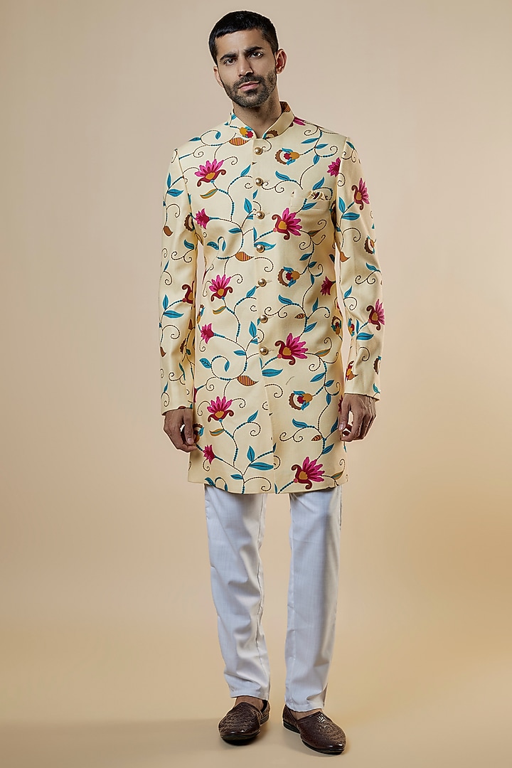 Yellow Rayon Floral Printed Sherwani Set For Boys by Spring Break- Kids