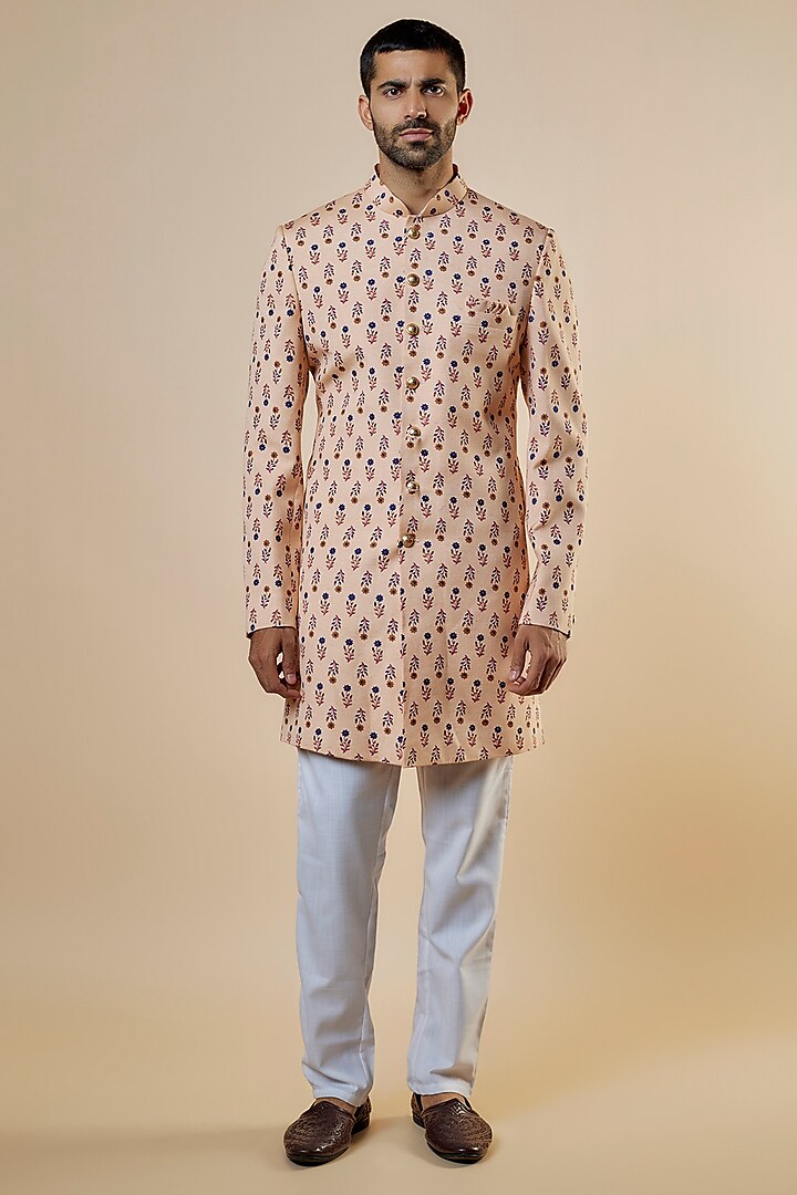 Peach Cotton Floral Printed Sherwani Set For Boys by Spring Break- Kids