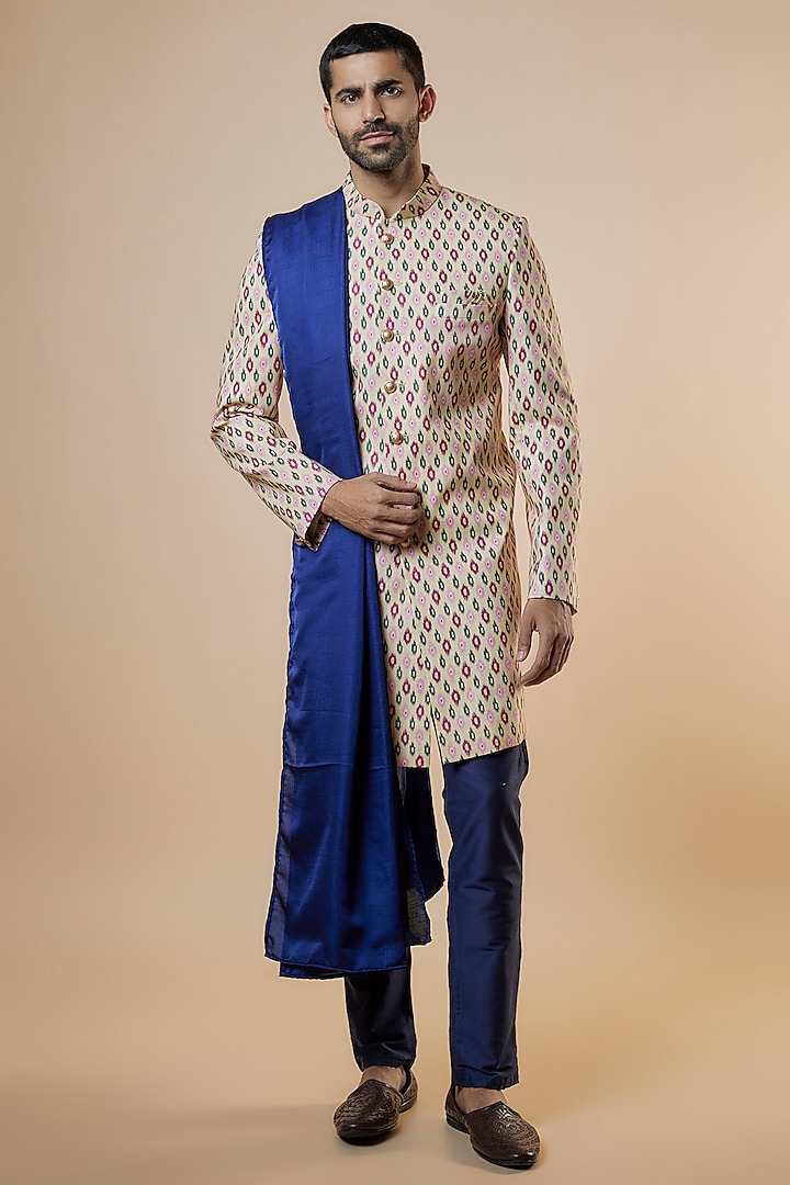 Cream Cotton Silk Ikat Printed Sherwani Set For Boys by Spring Break- Kids