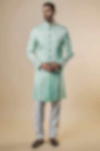 Mint Green Linen Satin Applique Embroidered Sherwani Set For Boys by Spring Break- Kids