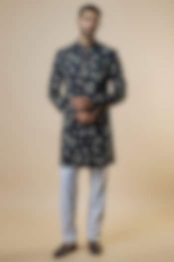 Black Rayon Floral Printed Sherwani Set For Boys by Spring Break- Kids at Pernia's Pop Up Shop