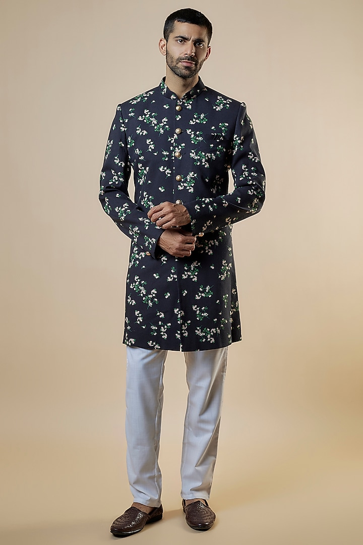 Black Rayon Floral Printed Sherwani Set For Boys by Spring Break- Kids at Pernia's Pop Up Shop