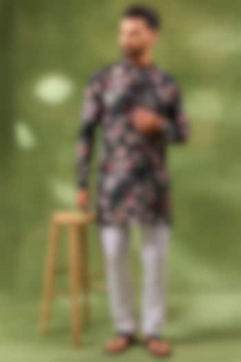 Black Blended Silk Floral Digital Printed Kurta Set For Boys by Spring Break- Kids at Pernia's Pop Up Shop