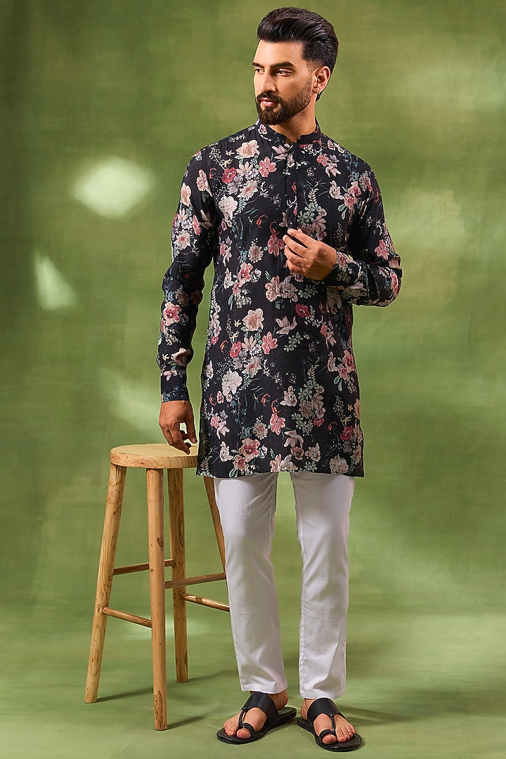 Black Blended Silk Floral Digital Printed Kurta Set For Boys by Spring Break- Kids at Pernia's Pop Up Shop