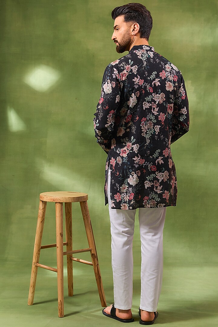 Black Blended Silk Floral Digital Printed Kurta Set For Boys by Spring Break- Kids at Pernia's Pop Up Shop