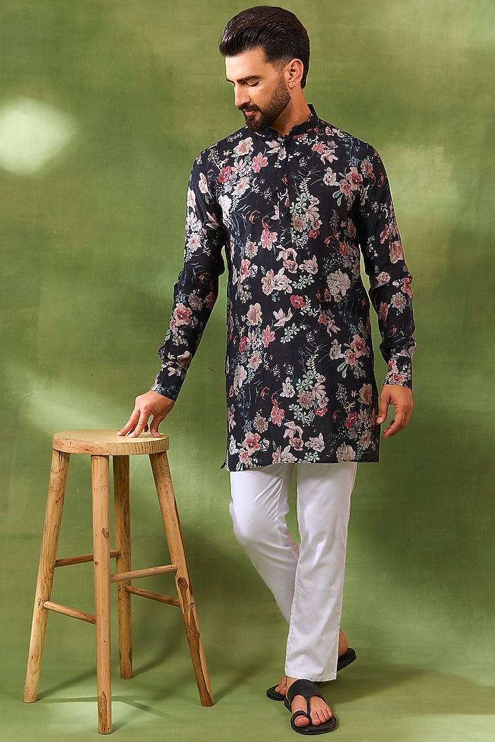 Black Blended Silk Floral Digital Printed Kurta Set For Boys by Spring Break- Kids at Pernia's Pop Up Shop