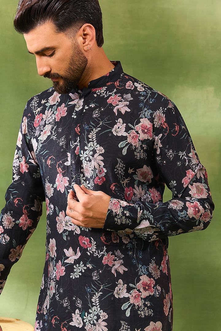 Black Blended Silk Floral Digital Printed Kurta Set For Boys by Spring Break- Kids at Pernia's Pop Up Shop