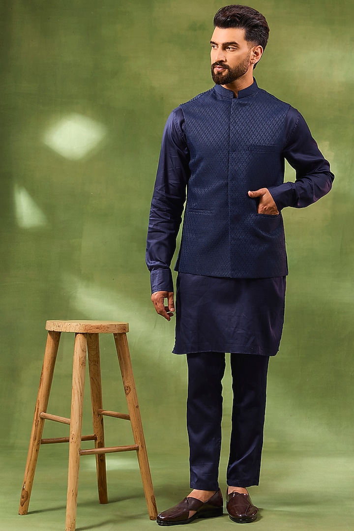 Navy Blue Cotton Silk Jacquard Bundi Jacket Set For Boys by Spring Break- Kids at Pernia's Pop Up Shop