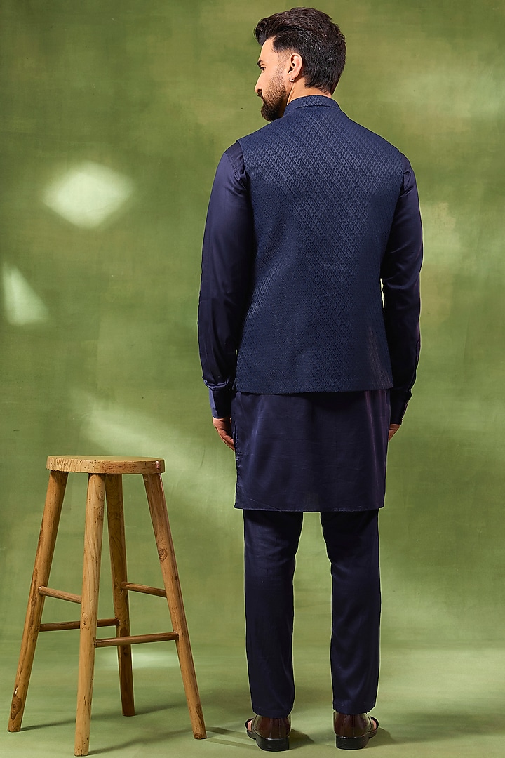 Navy Blue Cotton Silk Jacquard Bundi Jacket Set For Boys by Spring Break- Kids at Pernia's Pop Up Shop