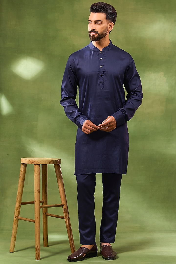 Navy Blue Cotton Silk Jacquard Bundi Jacket Set For Boys by Spring Break- Kids at Pernia's Pop Up Shop
