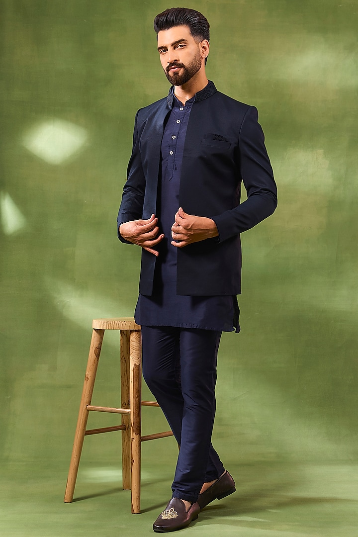Navy Blue Cotton Silk Indowestern Set For Boys by Spring Break- Kids at Pernia's Pop Up Shop