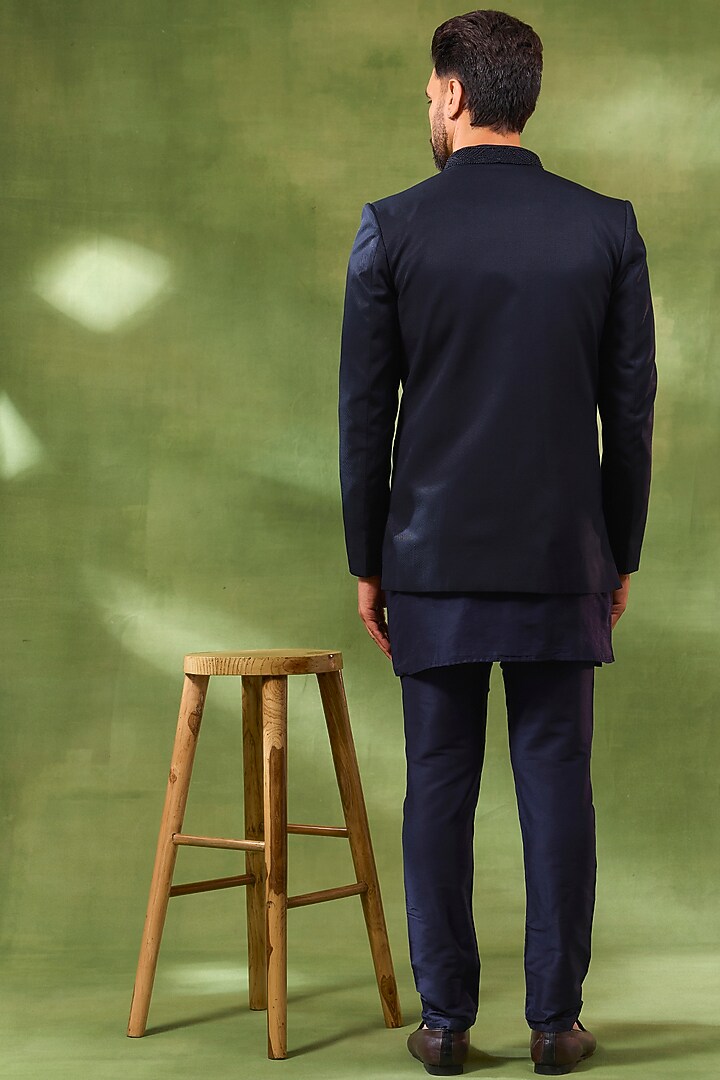 Navy Blue Cotton Silk Indowestern Set For Boys by Spring Break- Kids at Pernia's Pop Up Shop