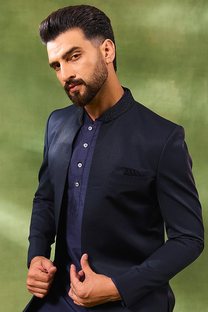 Navy Blue Cotton Silk Indowestern Set For Boys by Spring Break- Kids at Pernia's Pop Up Shop