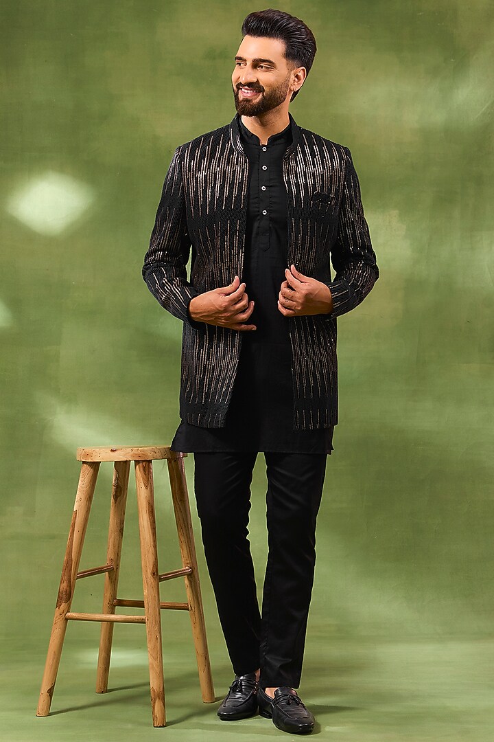 Black Viscose Sequins Embroidered Indowestern Set For Boys by Spring Break- Kids at Pernia's Pop Up Shop