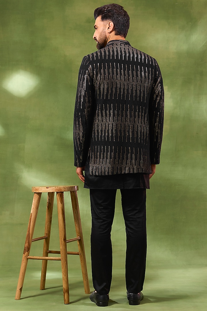 Black Viscose Sequins Embroidered Indowestern Set For Boys by Spring Break- Kids at Pernia's Pop Up Shop