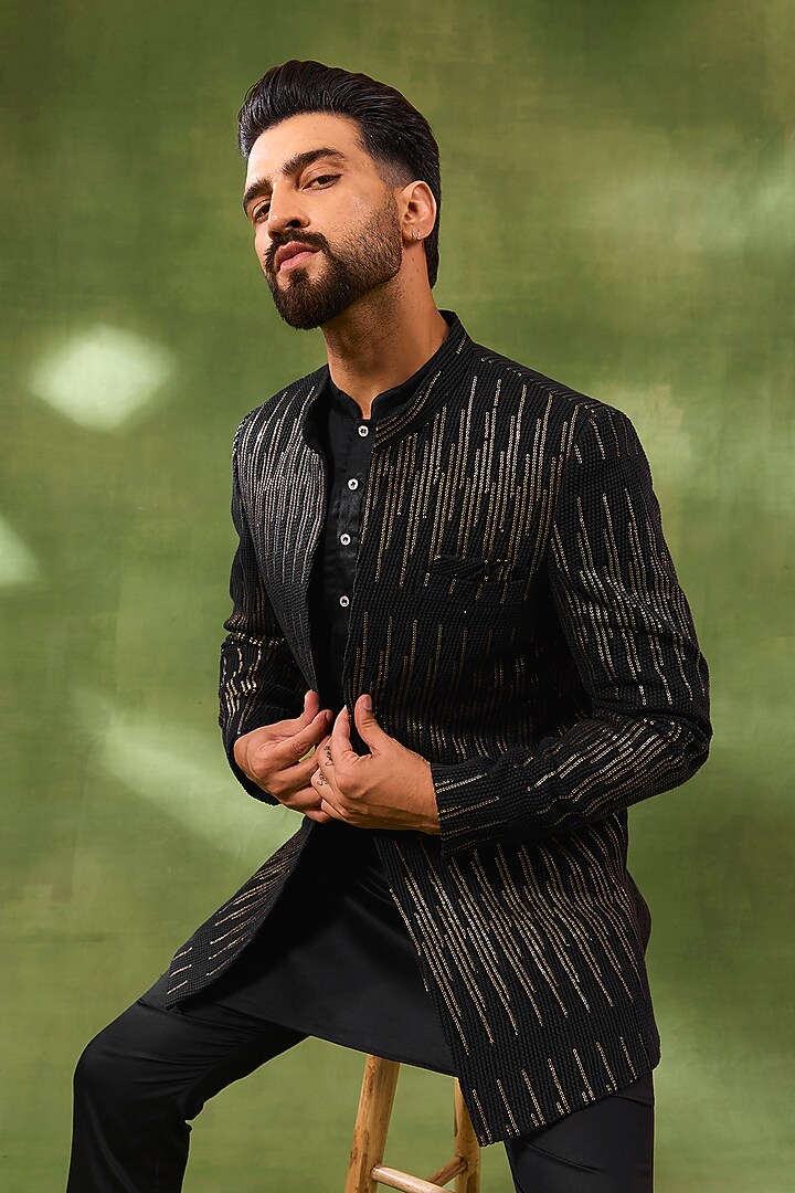 Black Viscose Sequins Embroidered Indowestern Set For Boys by Spring Break- Kids at Pernia's Pop Up Shop