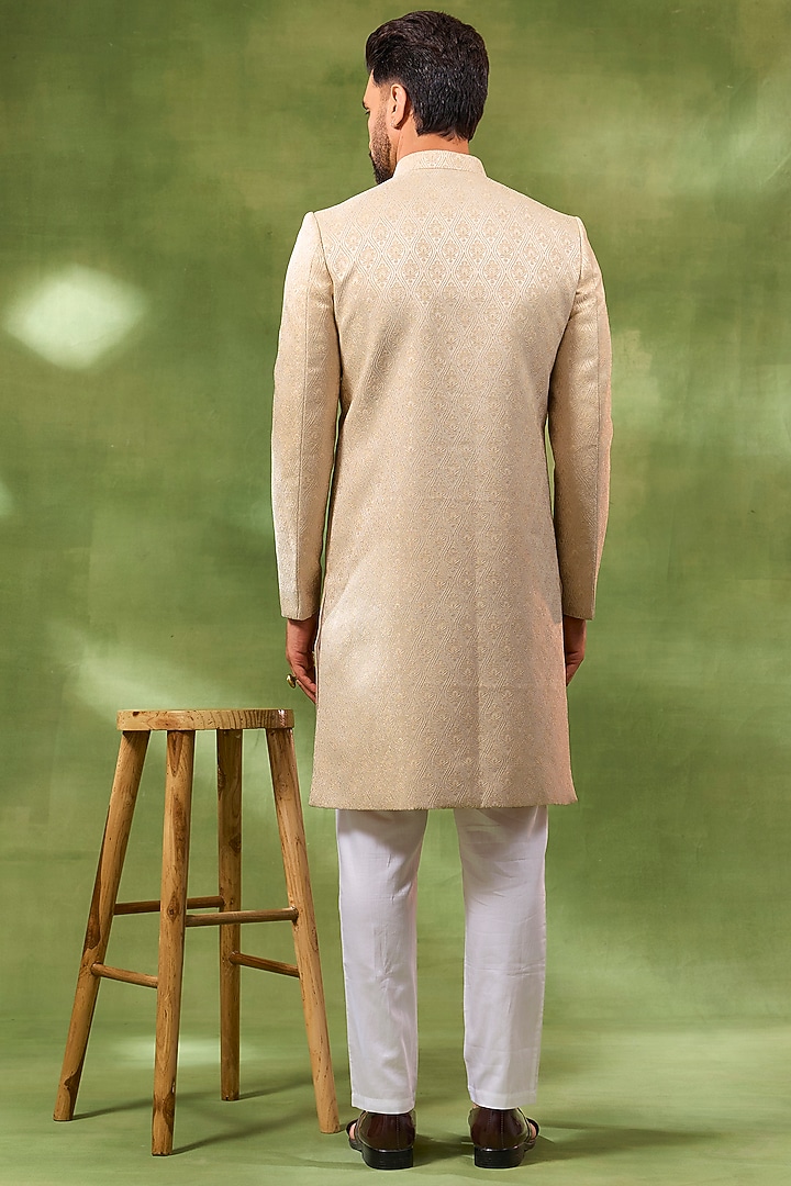Ivory Cotton Silk Embroidered Sherwani Set For Boys by Spring Break- Kids at Pernia's Pop Up Shop