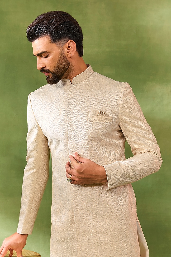 Ivory Cotton Silk Embroidered Sherwani Set For Boys by Spring Break- Kids at Pernia's Pop Up Shop