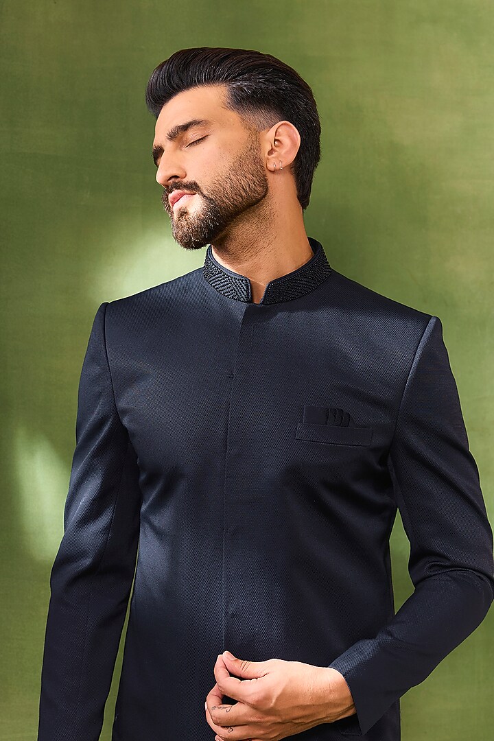 Blue Cotton Silk Sherwani Set For Boys by Spring Break- Kids at Pernia's Pop Up Shop