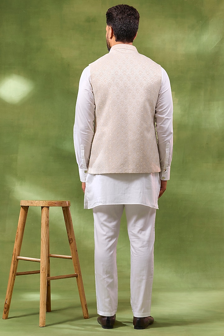 Ivory Cotton Silk Embroidered Bundi Jacket Set For Boys by Spring Break- Kids at Pernia's Pop Up Shop