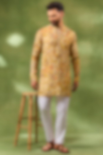 Yellow Blended Silk Printed Kurta Set For Boys  by Spring Break- Kids at Pernia's Pop Up Shop