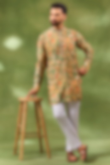 Green Blended Silk Printed Kurta Set For Boys by Spring Break- Kids at Pernia's Pop Up Shop