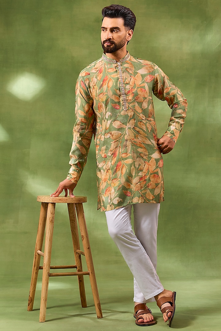 Green Blended Silk Printed Kurta Set For Boys by Spring Break- Kids at Pernia's Pop Up Shop