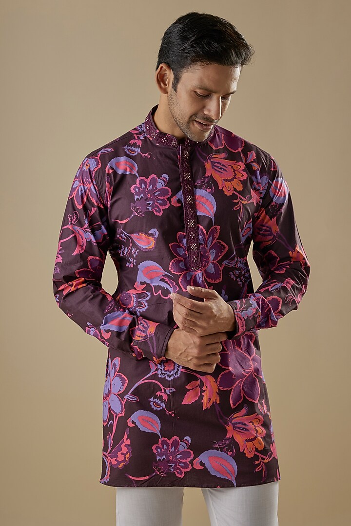 Multi-Colored Cotton Floral Printed Kurta Set For Boys by Spring Break- Kids at Pernia's Pop Up Shop