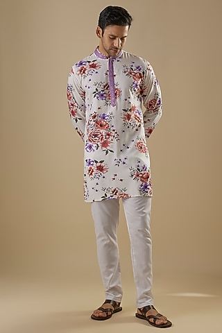 White Rayon Floral Printed Kurta Set For Boys by Spring Break- Kids