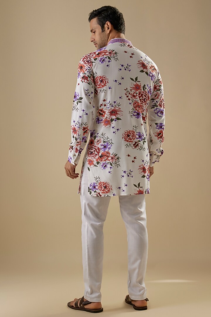 White Rayon Floral Printed Kurta Set For Boys by Spring Break- Kids at Pernia's Pop Up Shop