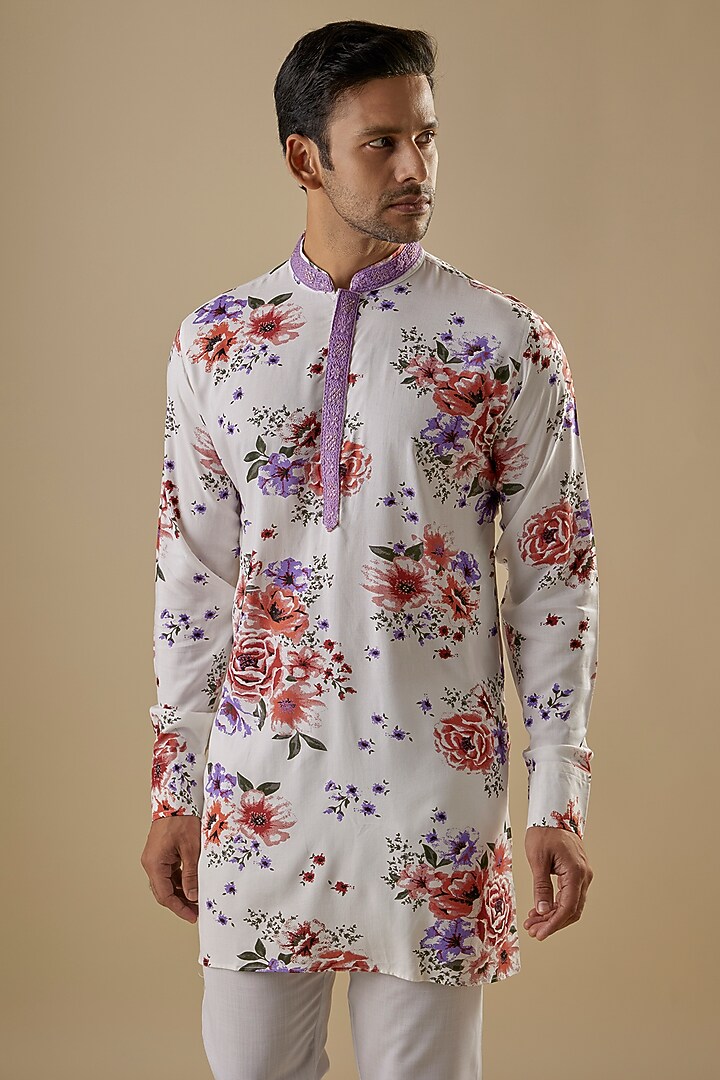White Rayon Floral Printed Kurta Set For Boys by Spring Break- Kids at Pernia's Pop Up Shop