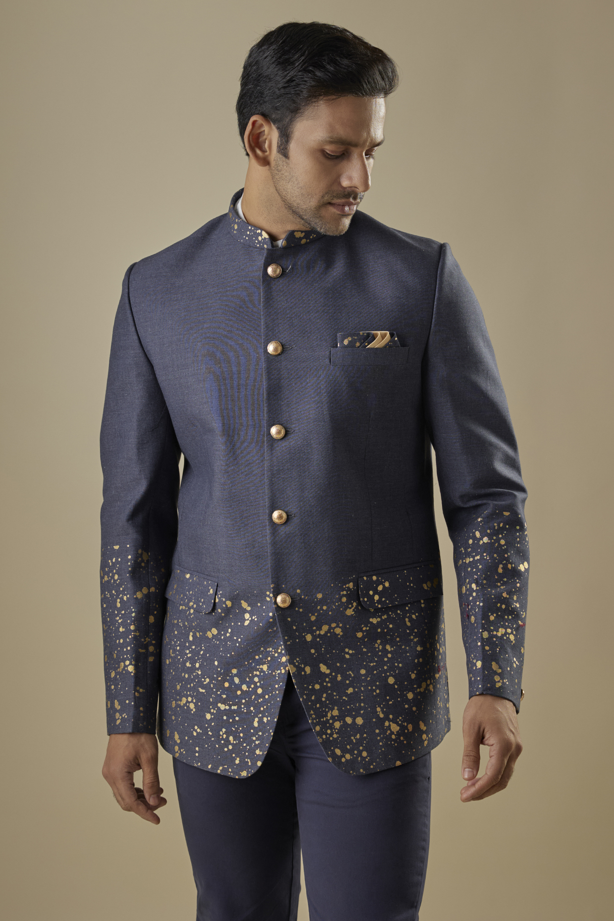 Blue Cotton Silk Printed Bandhgala For Boys by Spring Break- Kids