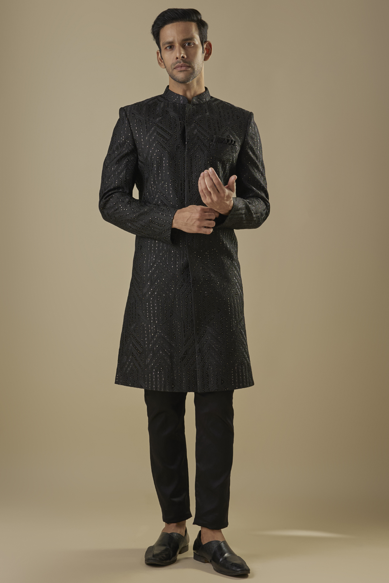 Black Dupion Silk Applique Sherwani Set For Boys by Spring Break- Kids