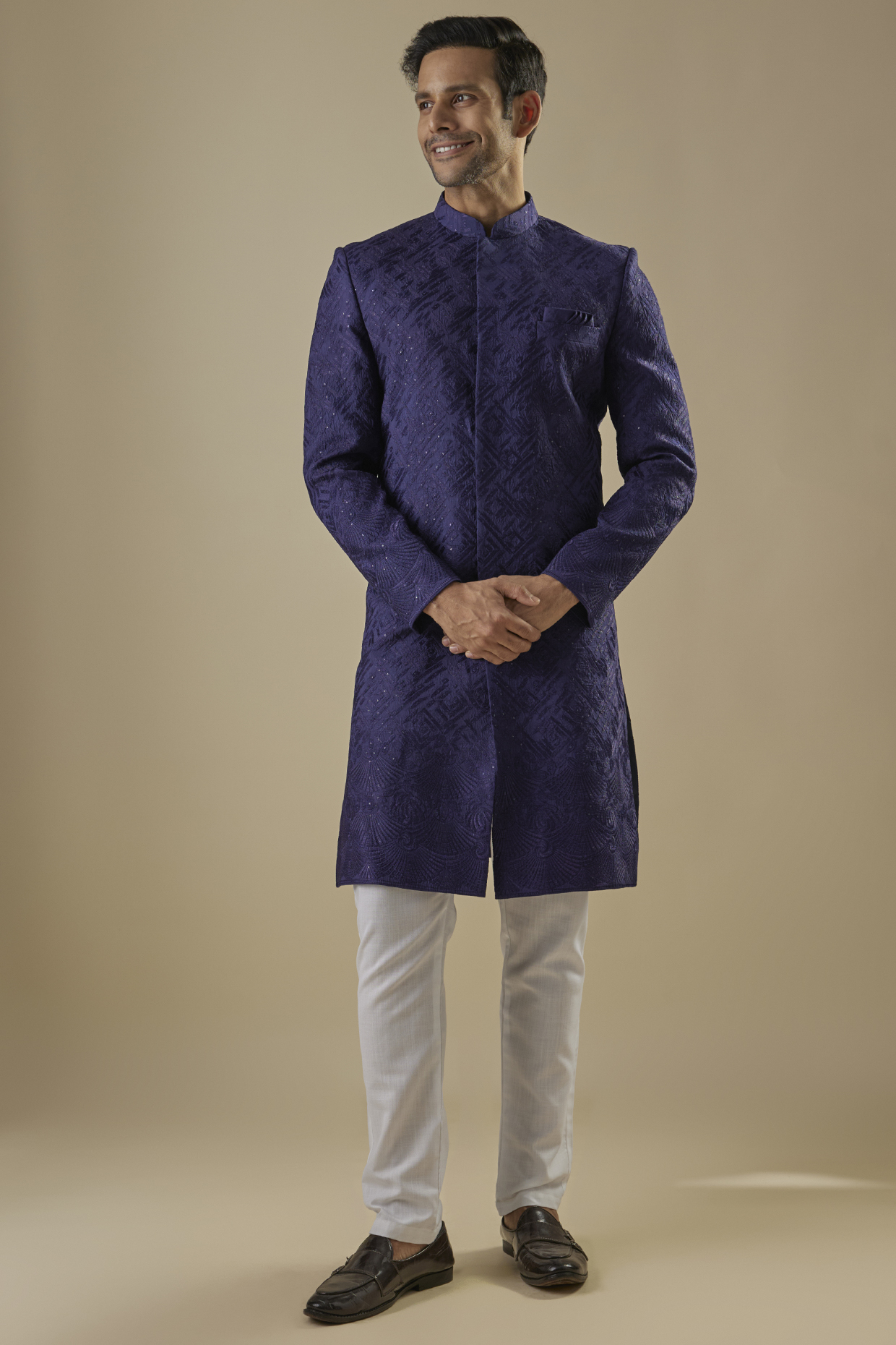 Navy Blue Dupion Silk Applique Sherwani Set For Boys by Spring Break- Kids