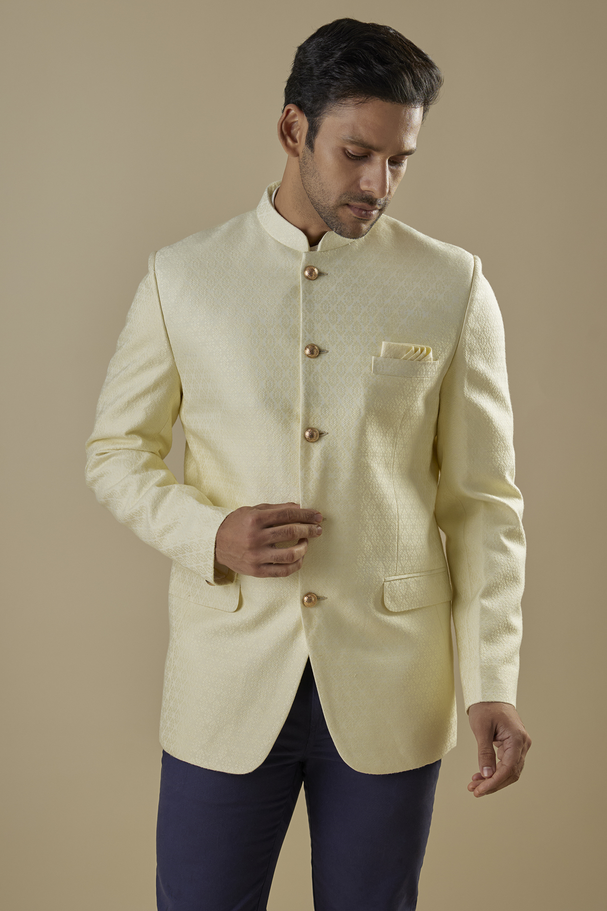 Cream Cotton Silk Floral Jacquard Bandhgala For Boys by Spring Break- Kids