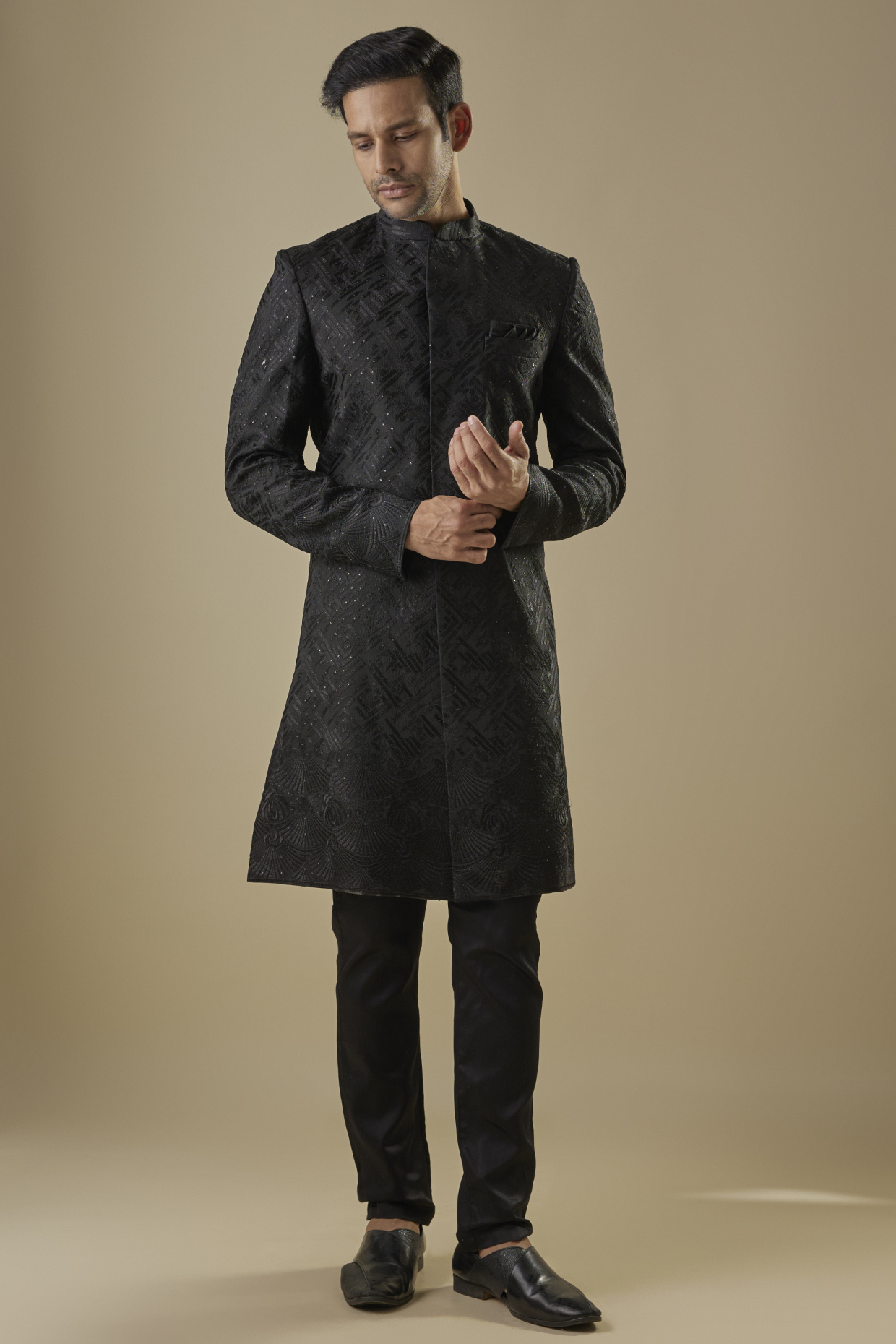Black Dupion Silk Embroidered Sherwani Set For Boys by Spring Break- Kids