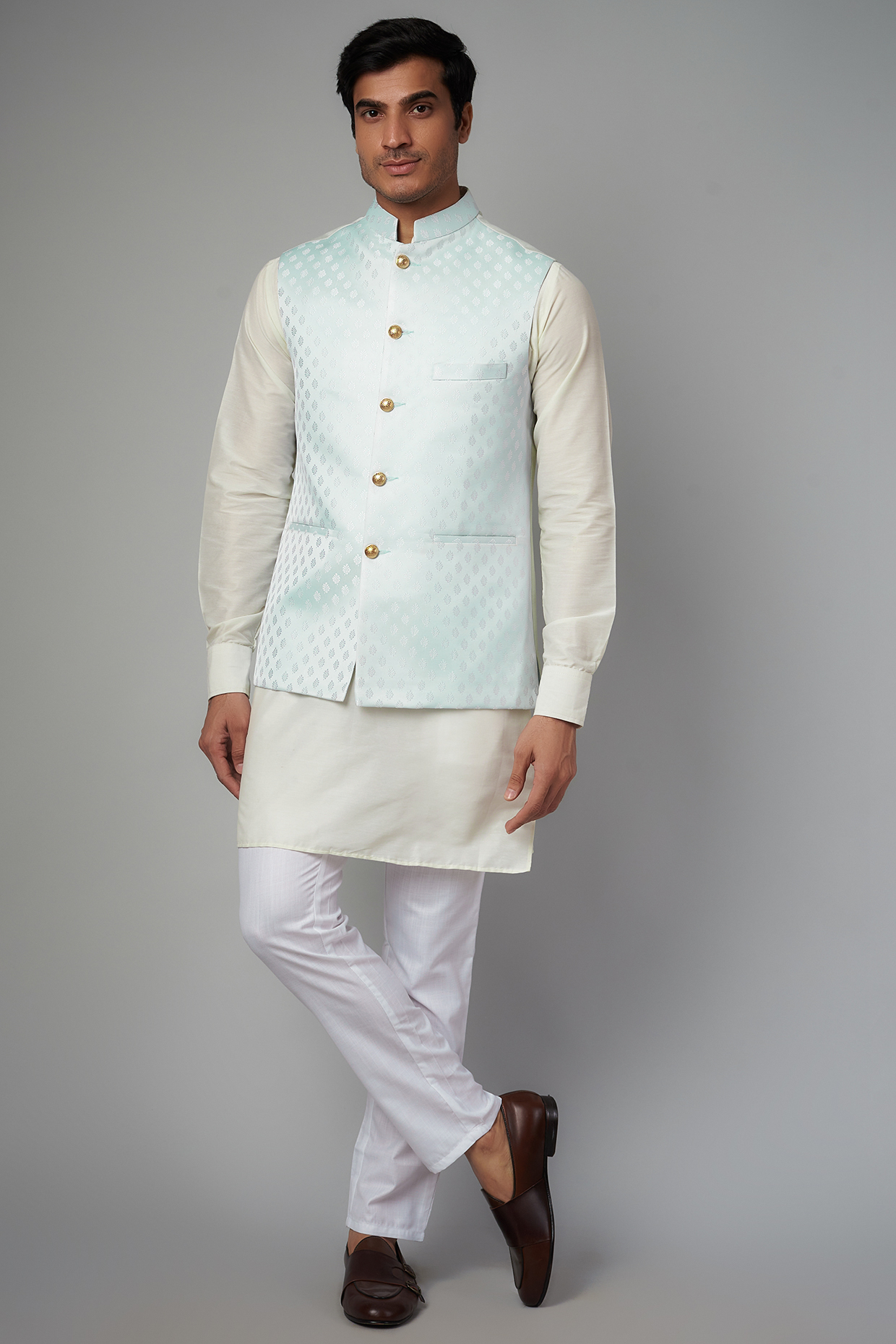 Sky Blue Cotton Silk Bundi Jacket Set For Boys by Spring Break- Kids