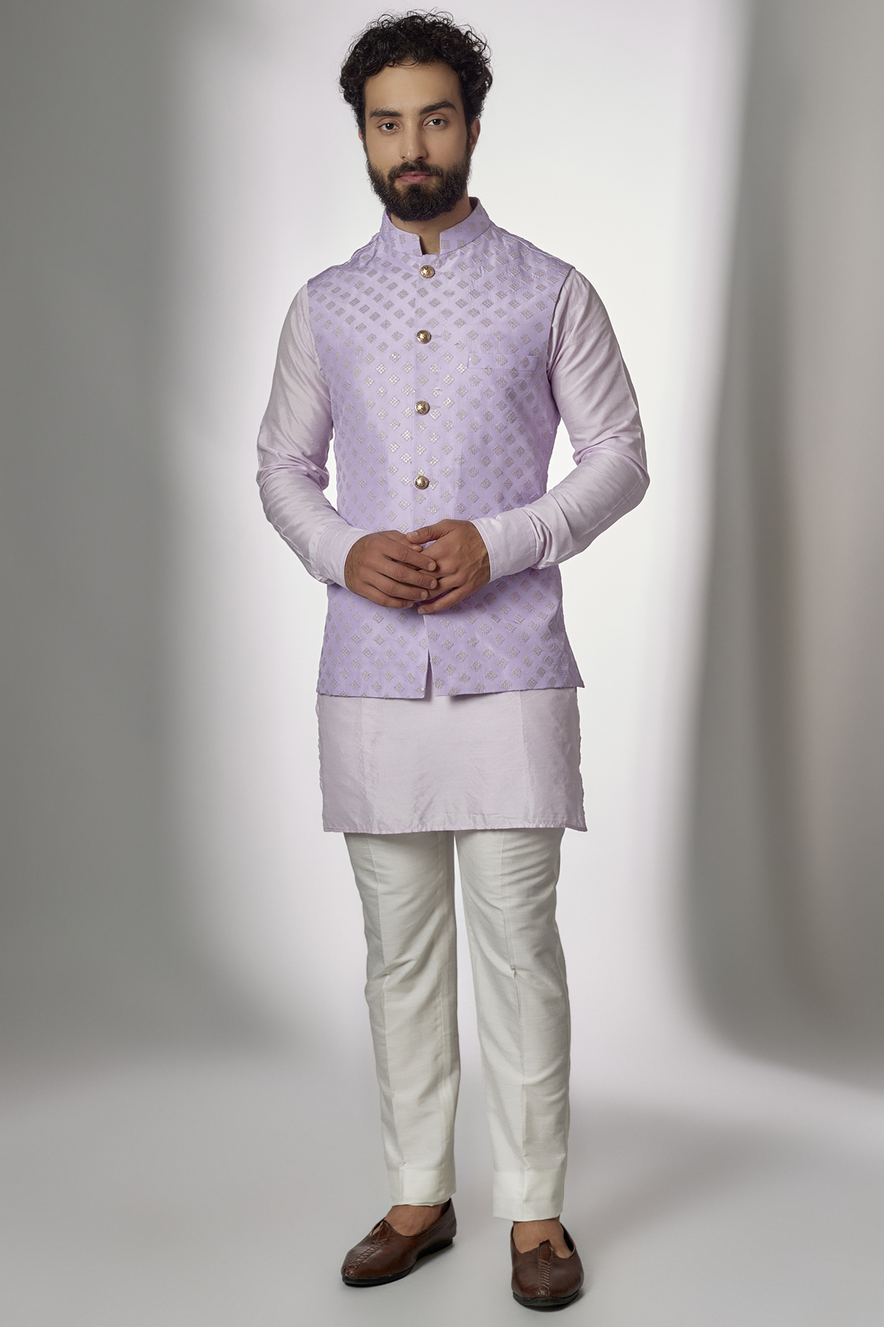 Lilac Dupion Silk Nehru Jacket Set For Boys by Spring Break- Kids
