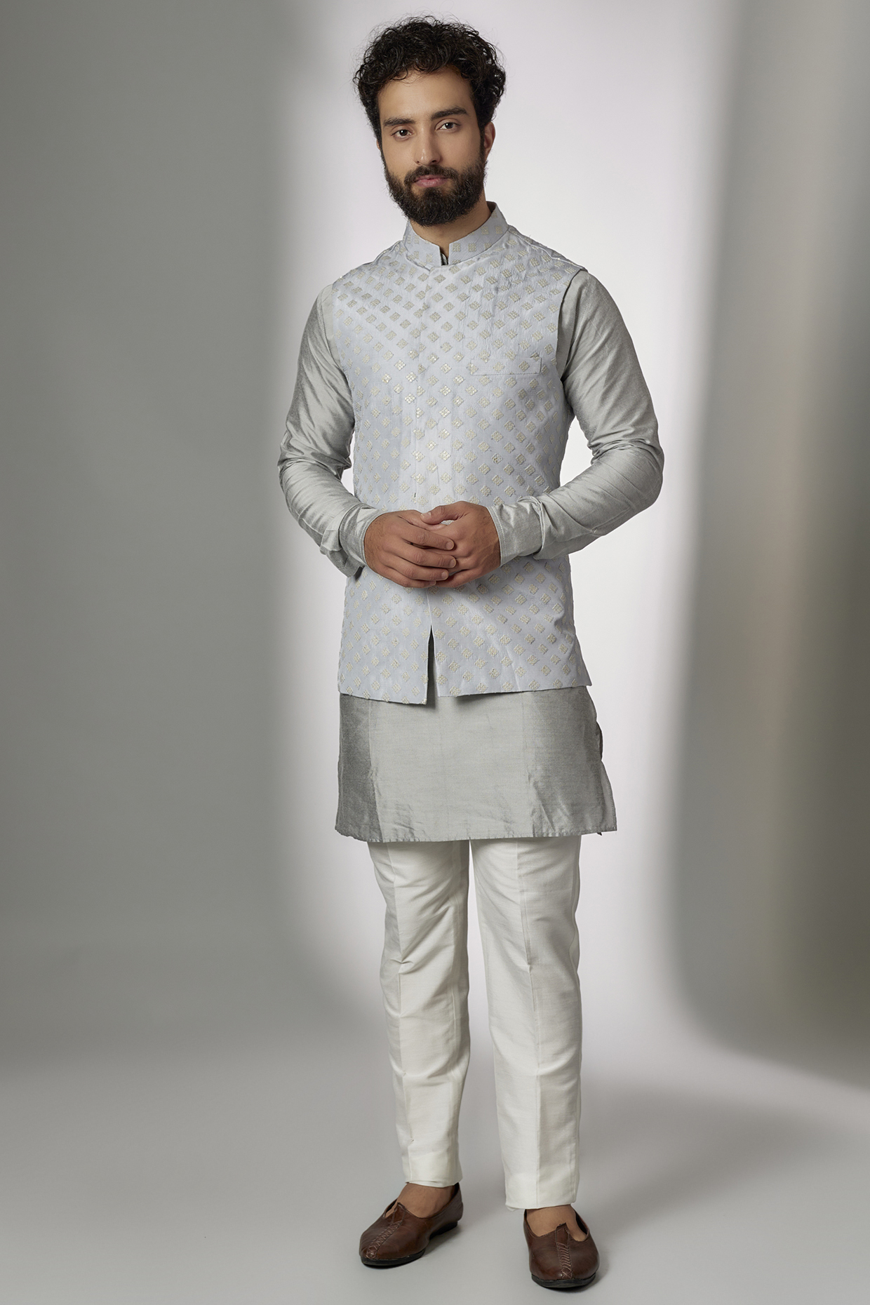 Grey Dupion Silk Nehru Jacket Set For Boys by Spring Break- Kids