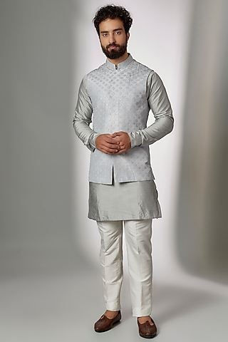 Grey Dupion Silk Nehru Jacket Set For Boys by Spring Break- Kids
