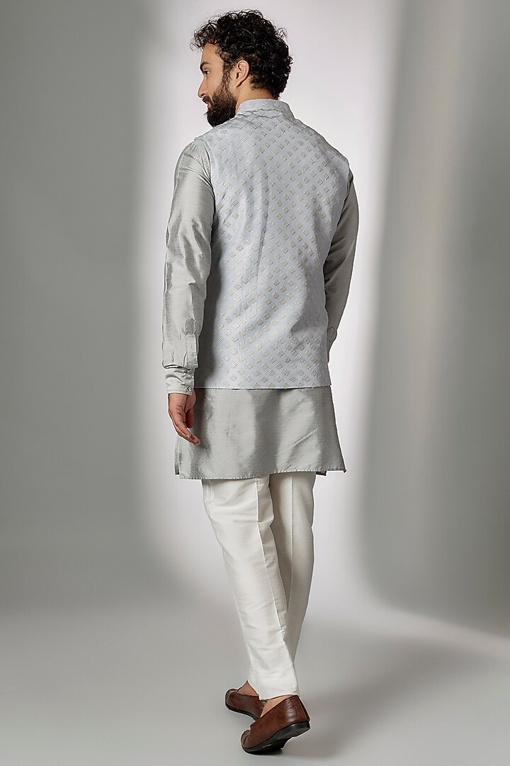 Grey Dupion Silk Nehru Jacket Set For Boys by Spring Break- Kids at Pernia's Pop Up Shop
