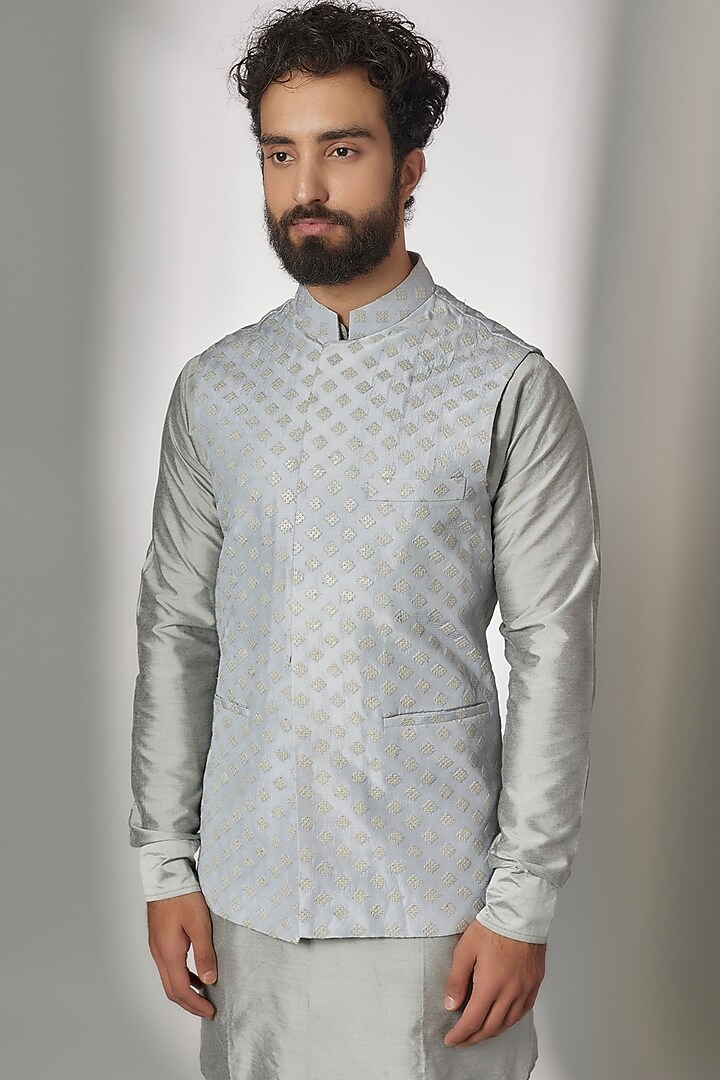 Grey Dupion Silk Nehru Jacket Set For Boys by Spring Break- Kids at Pernia's Pop Up Shop